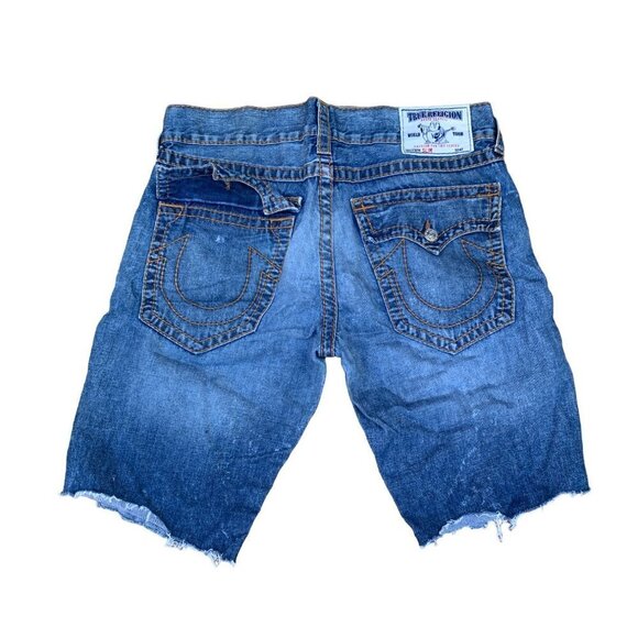 VINTAGE True Religion Jean Shorts Size 34 Orange Stitch SLIM Blue - Picture 3 of 7